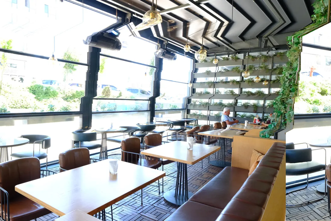 Glass-fronted seating area with a green wall