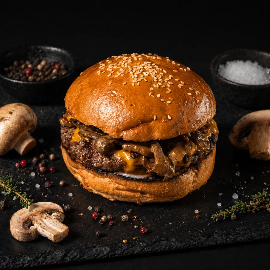 Three Mushroom burger with mushrooms and house sauce